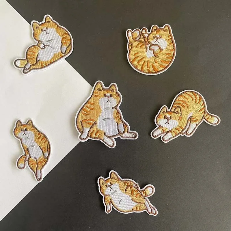 6PCS/Cute Striped Cats Patch Thermocollant, Cloth Stickers Animals Cartoon Fabric Applique Embroidered Iron On Patch for Clothin