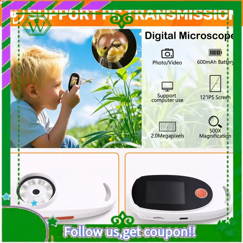 Reliable-Kids' Handheld Digital Microscope, 2.0-Inch Color IPS Screen, 400X Portable Magnifying Glass