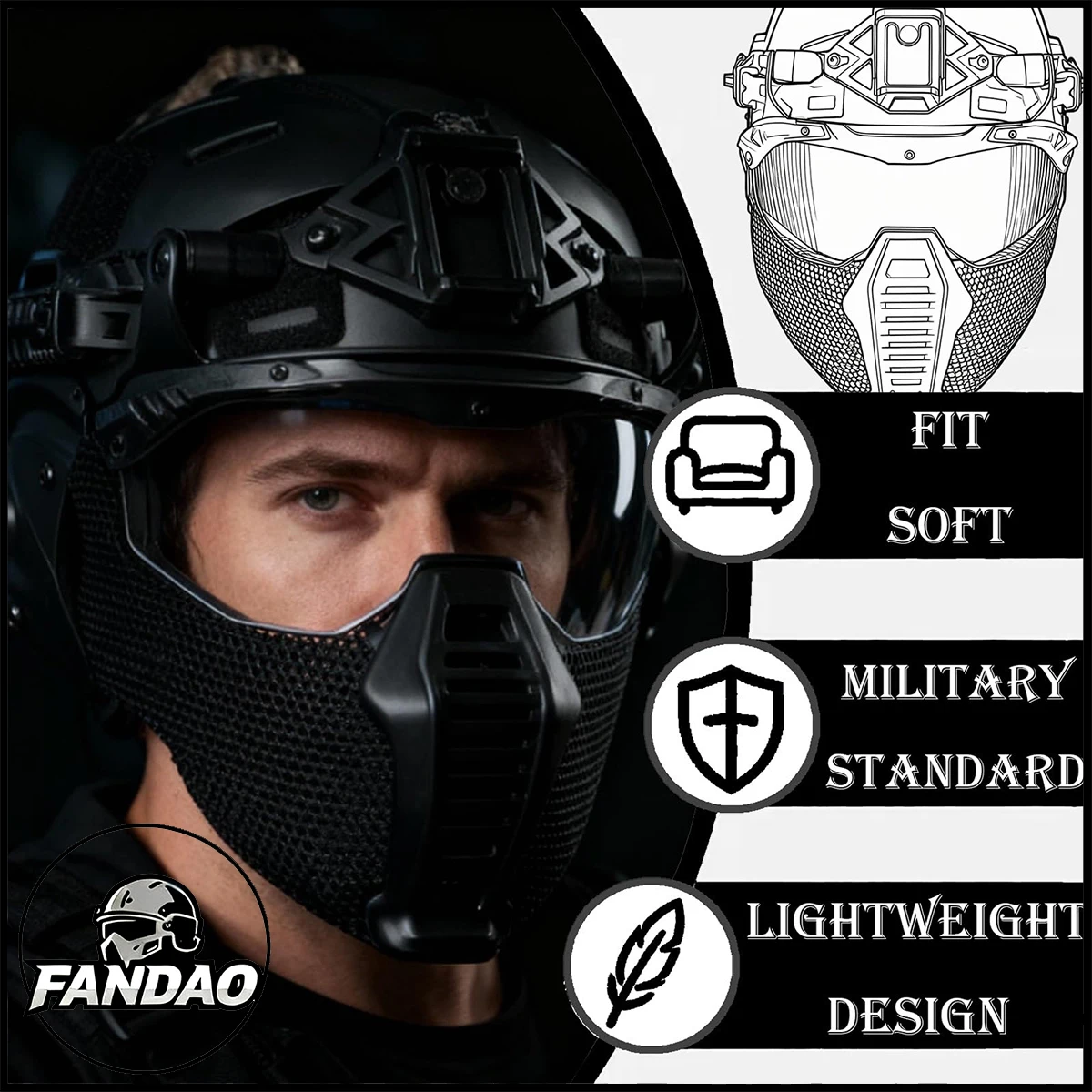 

Full Set of Military Tactical Helmet Gear with Steel Mesh Mask Halloween Cosplay Costume for Outdoor CS Airsoft Paintball Gear