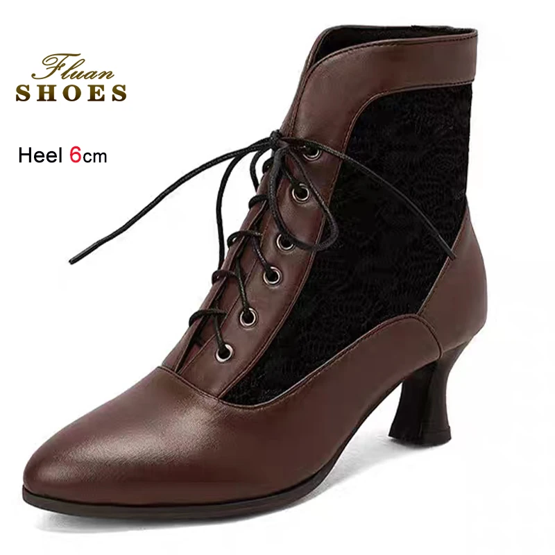

Spring Autumn Dark Brown Hollow Lace Fabric Patchwork Women's Ankle Boots Thick Sole Heels 6cm Lace Up Pointed Toe Short Boots