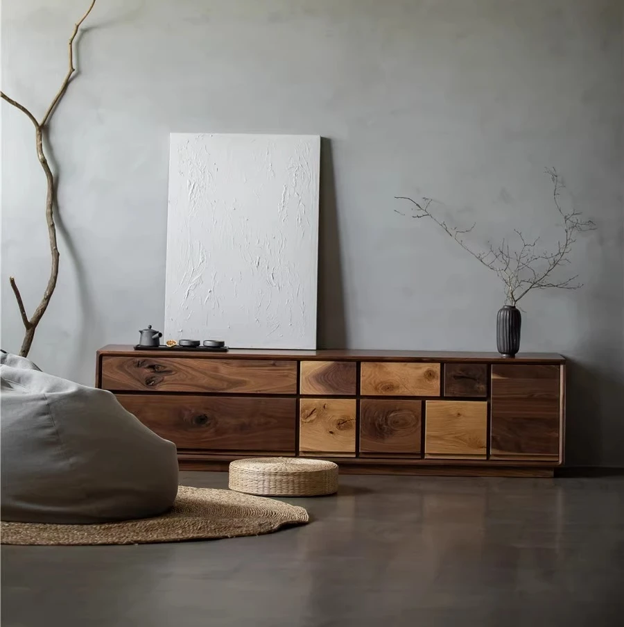 Nordic white oak, black walnut TV cabinet, simple solid wood audio-visual, wabi sandy wind locker