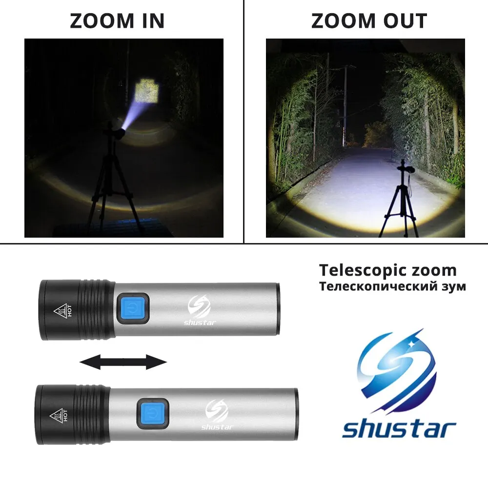 USB Rechargeable LED Flashlight With LED Built in 1200mAh Lithium Battery Waterproof Camping Light Zoomable Torch