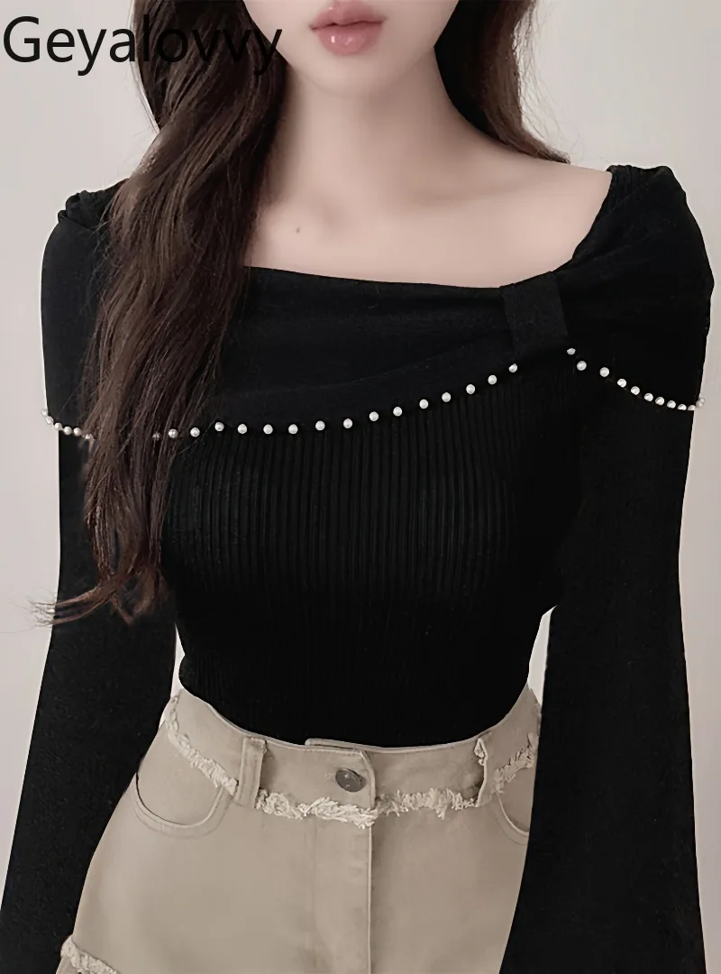 

Осенний новый универсальный пуловер в японском стиле для милых девочек, нерегулярный бант с жемчугом, расклешенные вязаные топы с открытыми плечами и длинными рукавами