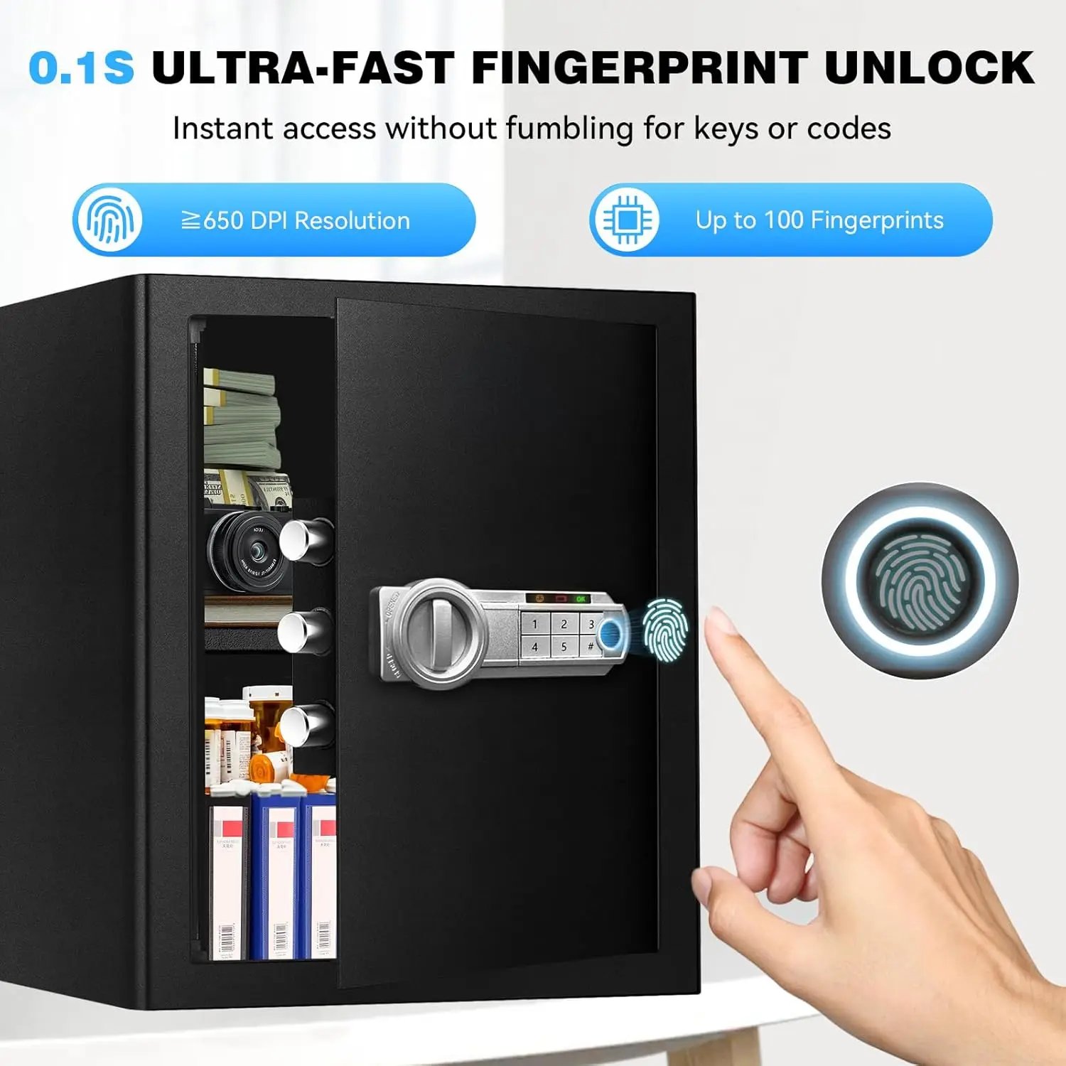 Large Biometric Fingerprint Safe for Home \u2013 2.4 CuFt Security Safe with Dual Unlock Mode, Alarm, Silent Keypad, USB-C Backu