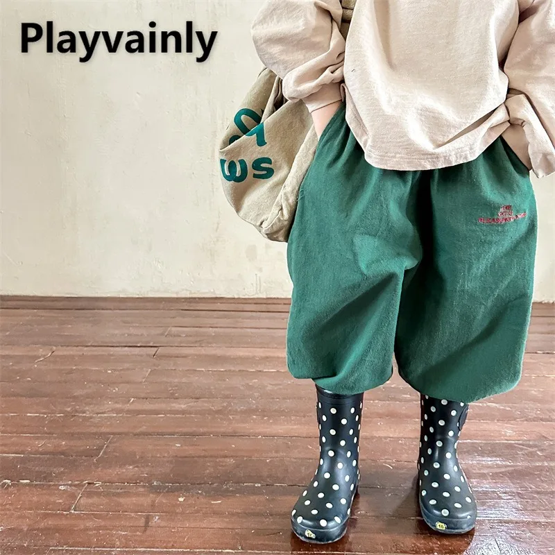 

Детские брюки в корейском стиле, весенне-осенние сине-зеленые широкие шаровары с вышивкой букв для мальчиков и девочек, повседневные брюки A3055