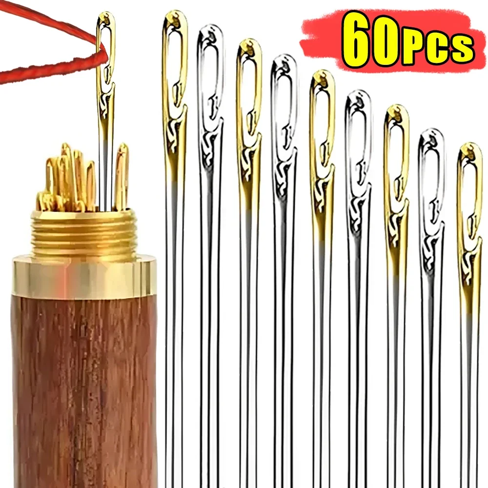 60/12Pcs Blind Sewing Needles Stainless Steel Elderly Big Hole Self Threading Needles DIY Jewerly Beading Household Sewing Tools