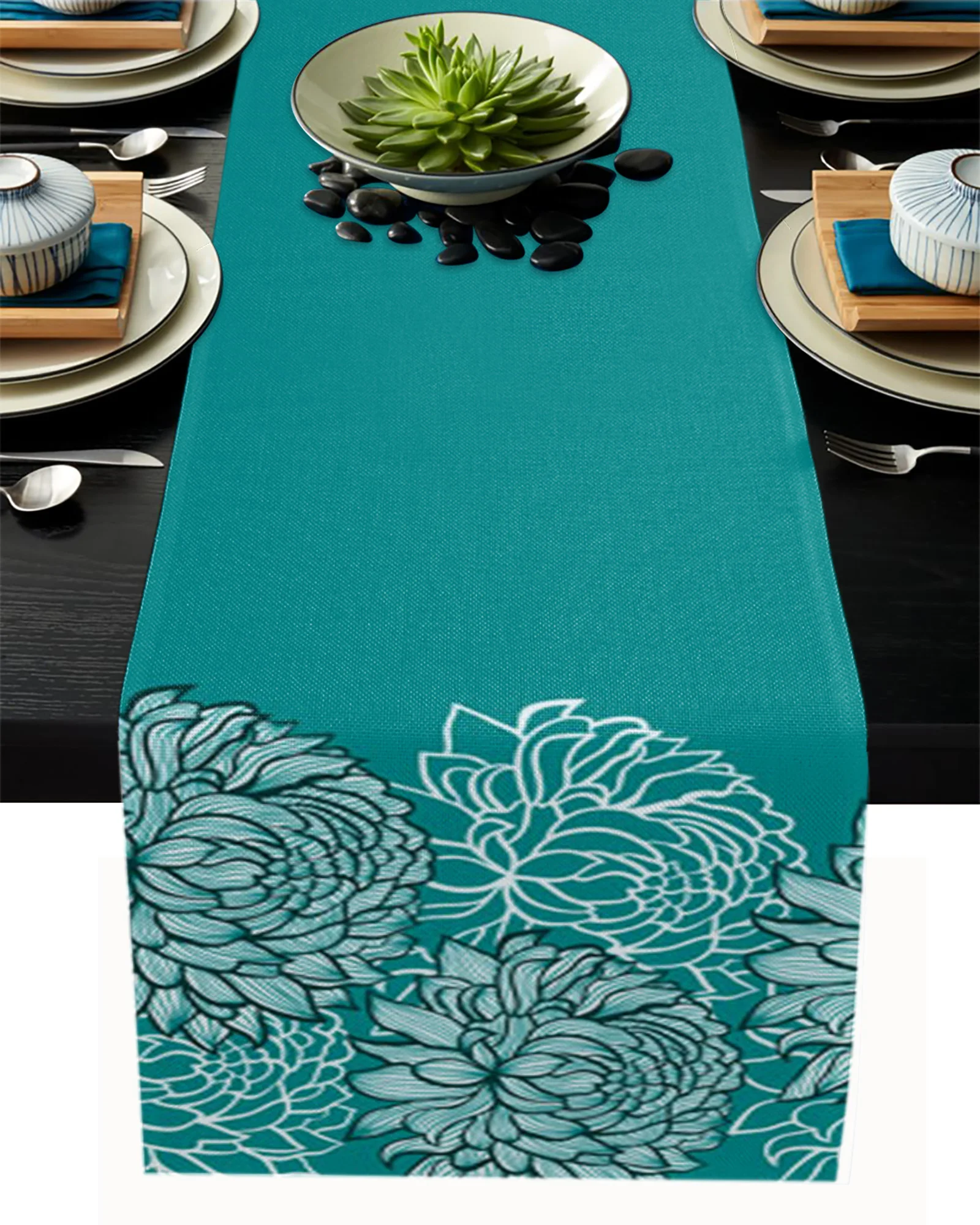 Green Chrysanthemum Flower Linen Table Runners Kitchen Table Decoration Accessories Dining Table Runner Wedding Party Supplies