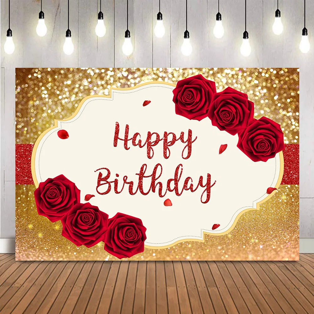 Gold Glitter Birthday Backdrop Red Rose Flowers Adult Women Theme Party Decoration Supplies Personalize photocall girls birthday