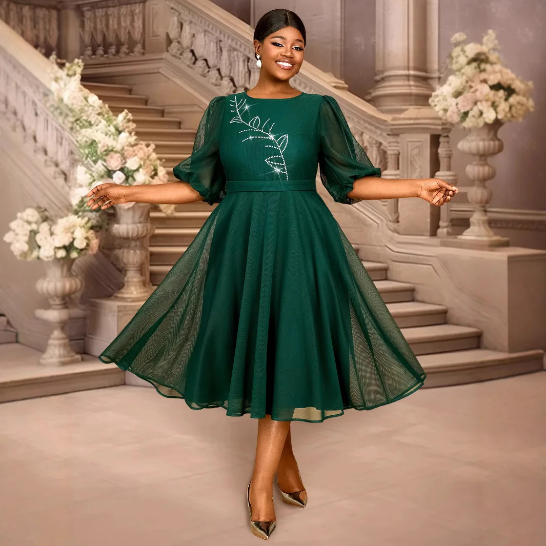

Africa Clothing Church A Line Midi Mesh Dresses O Neck Puff Sleeve Pleated Rhinestone Classy Evening Party Office Ladies Outfits