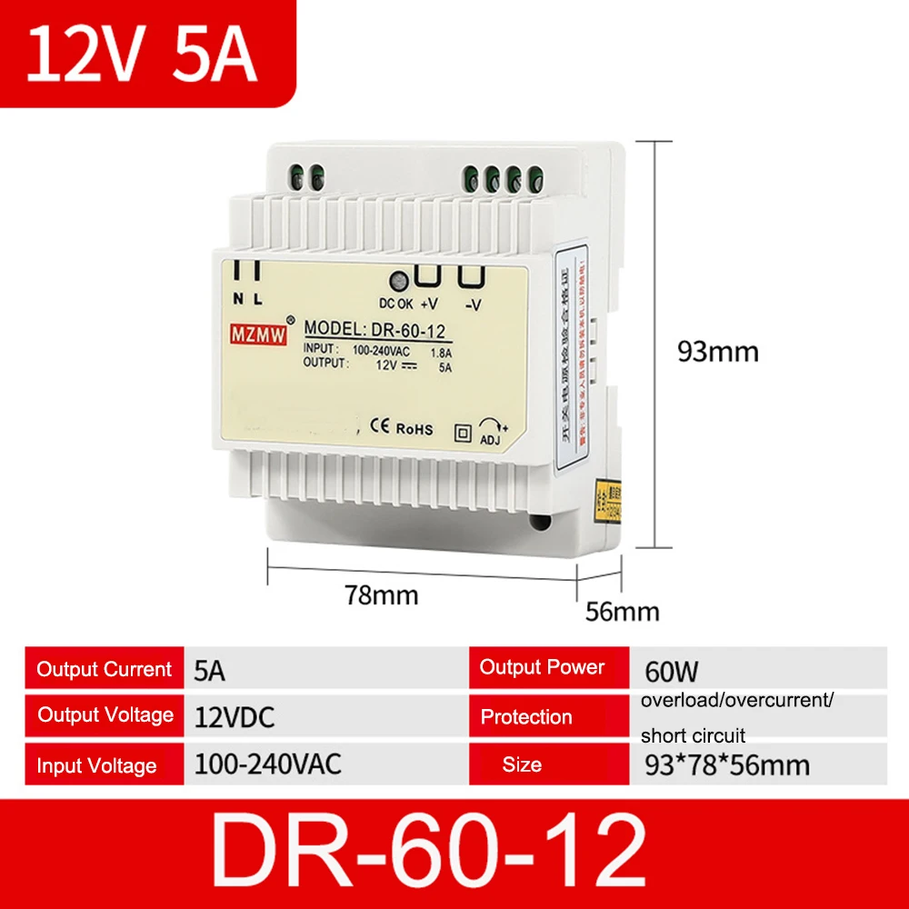 

DR-60 60W Single Output 5V 12V 15V 24V Din Rail Switching Power Supply DR-60-5 DR-60-12 DR-60-15 DR-60-24 Power Converter