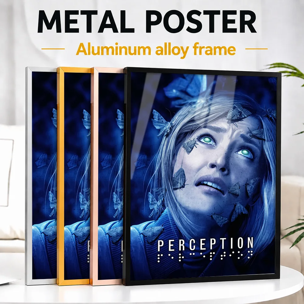 Perception Woman With Moths Intense Gaze Framed Aluminum Metal Poster Personalized Surreal Wall Art For Bedroom And Home Office