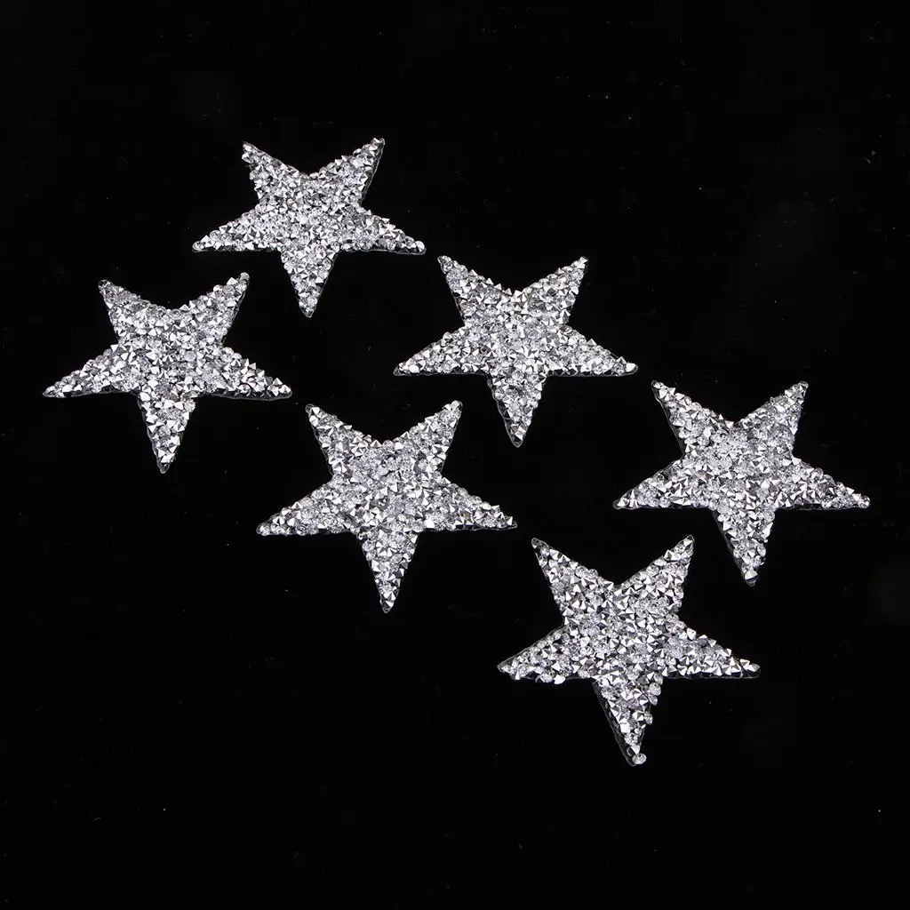 6Pcs Star Crystal Sew Iron On Patch Badge Clothes Applique Bag Fabric 50mm