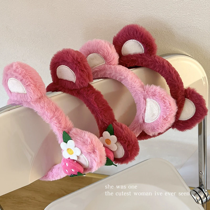 Anime Disney Figure Makeup Wash Hair Headband Strawberry Bear Lotso Plush Bow Non-slip Elastic Headband Girl Hair Accessories