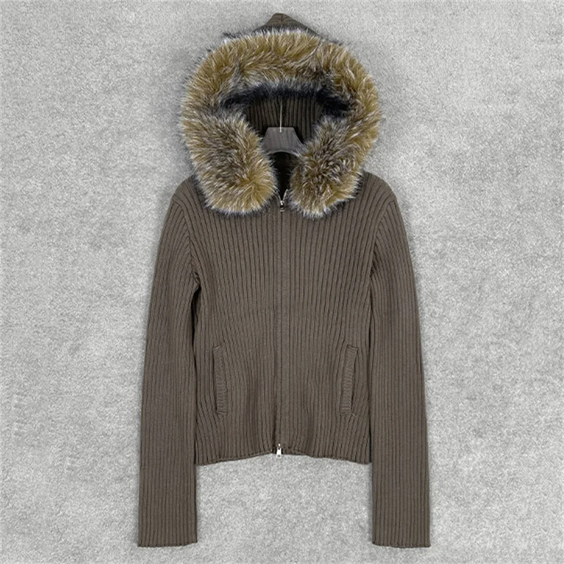 

Cardigan for women 2025 Winter New elastic knitted slim fit long sleeved top Detachable fox fur collar hooded women's sweater