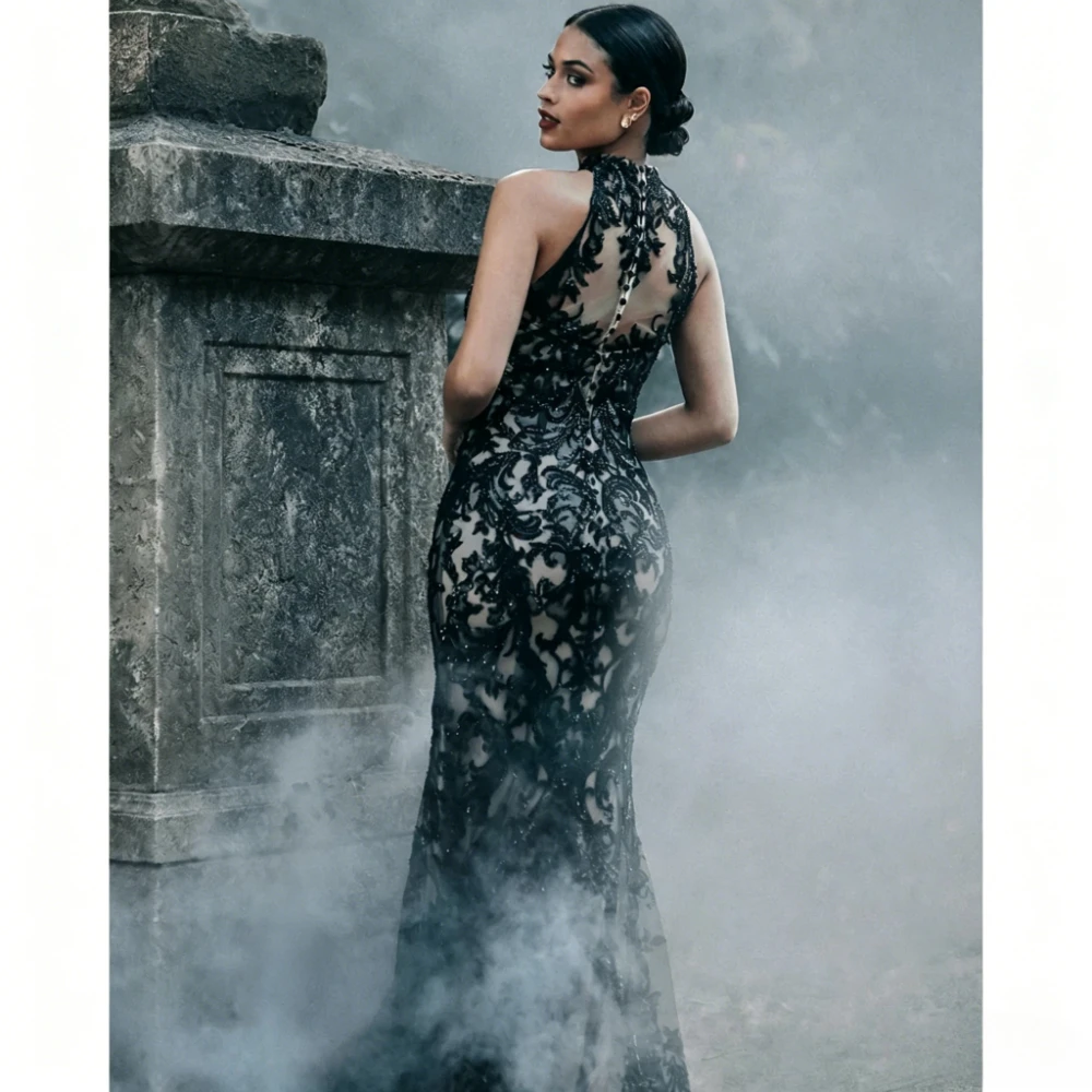 Customized Vintage Gothic Mermaid Wedding Dress Halter Neck Hollow Floral Lace Applique Detachable Satin Cape Bridal Gown