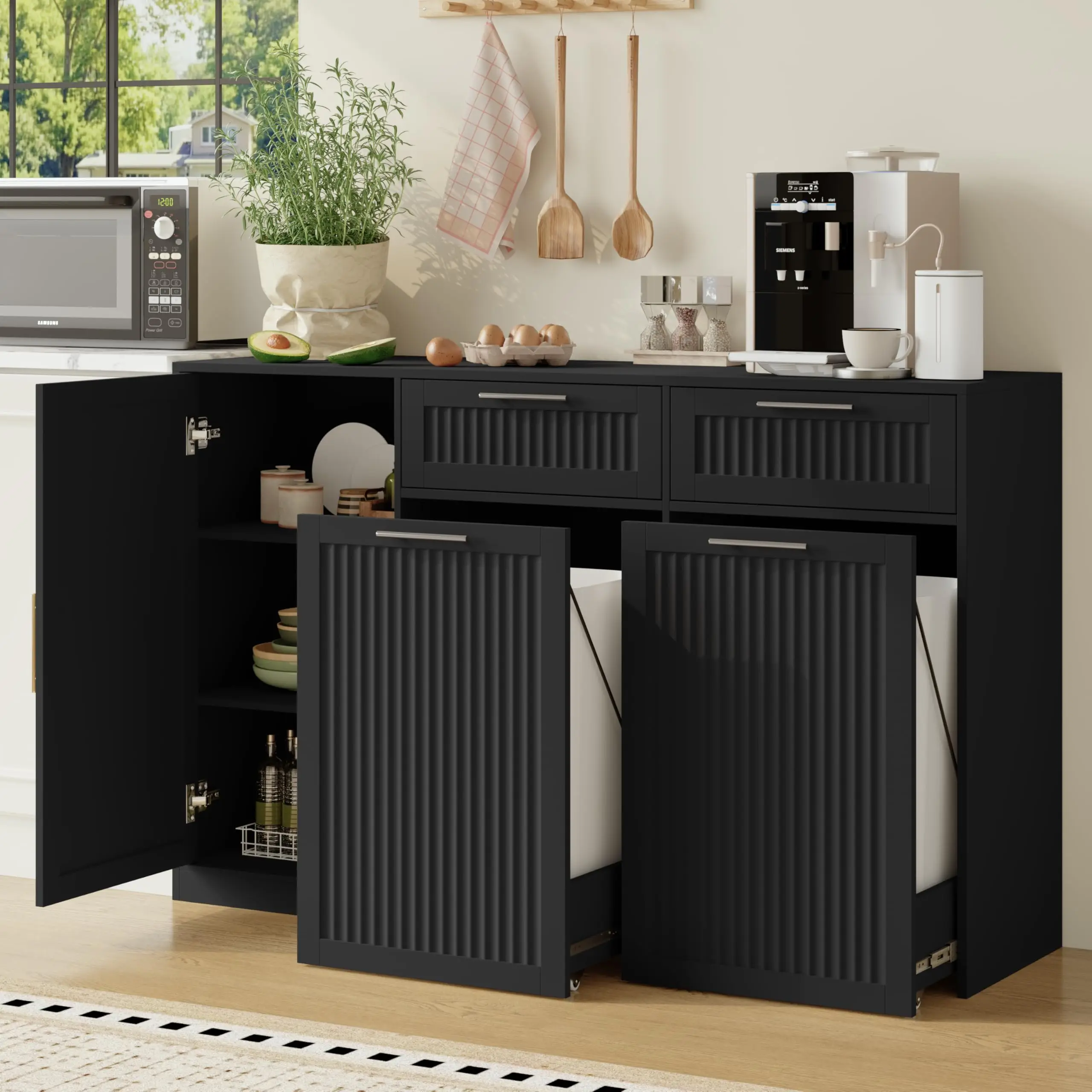 Double 13 Gallon Pull Out Trash Can Cabinet with Storage Cabinet,Black | Pet Proof Hidden Garbage Can Cabinet,3-Tier