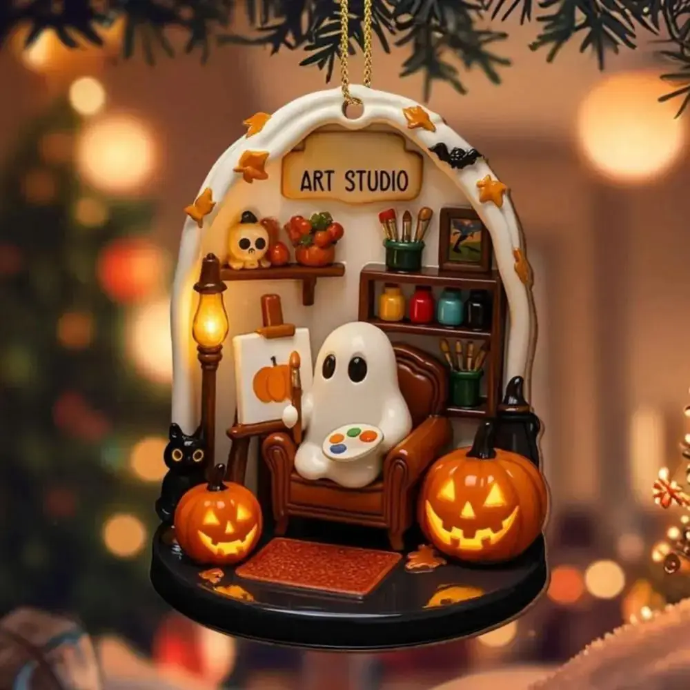 Cute Reading Ghost Halloween Ghost Ornaments 2D Flat Acrylic Pendant Halloween Spooky Decorations Home Decor