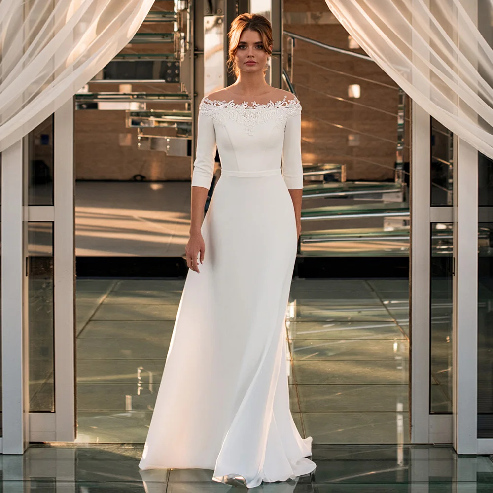 

Simple Wedding Dress Elegant New Arrival Boat Neck 3/4 Sleeves Beading Appliques A Line Jersey Bridal Gown Robe De Mariee