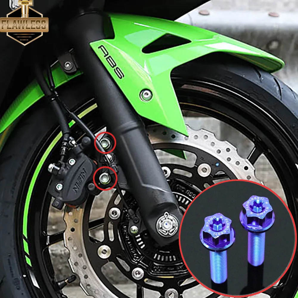 FLAWLESSTI Gr5 Titanium Bolt Front Brake Caliper Disc Pin ABS Sensor Line Fender Side Cover Bolt Axle Nut For Kawasaki Ninja 400