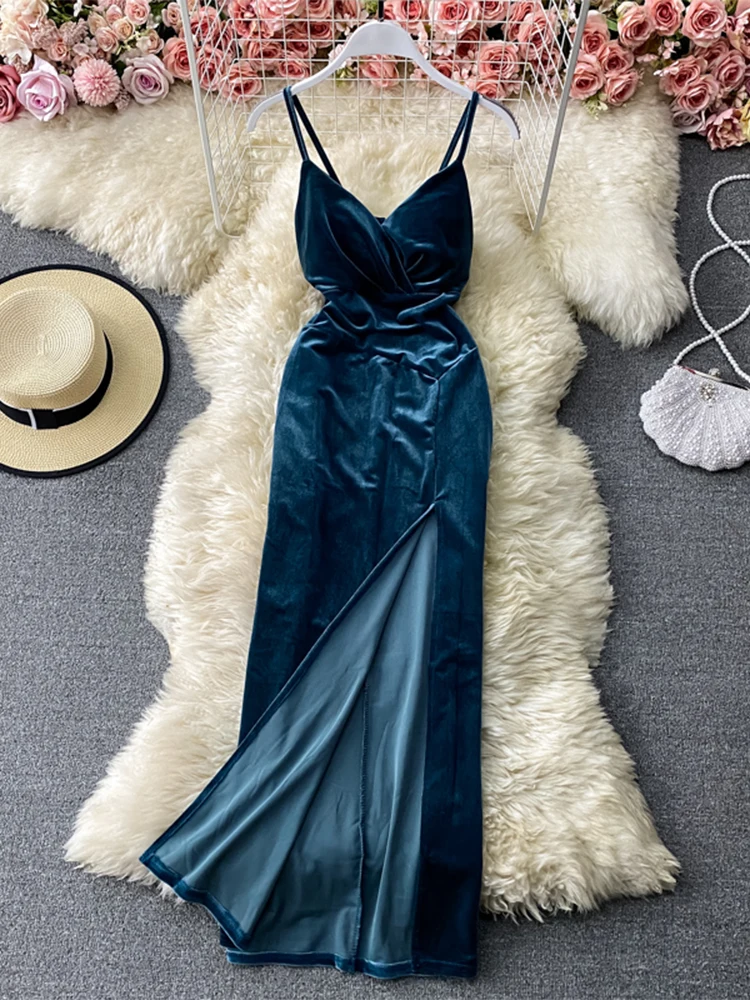 Women's Blue Evening Dress Vintage Off Shoulder Sleeveless Long Dresses with Slit Y2k One Piece Frocks 2000s Coquette Clothes