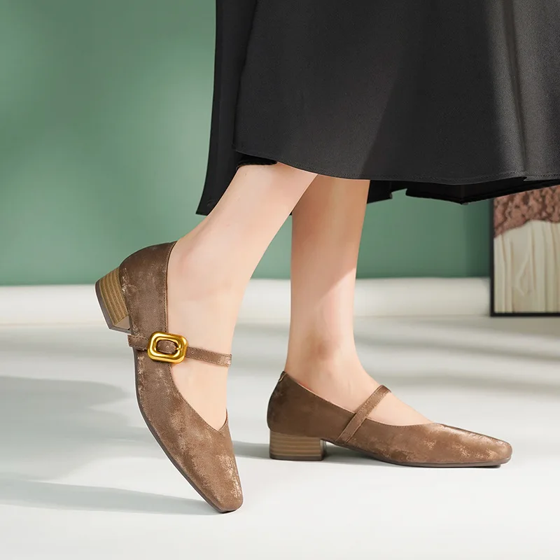 Damen Mary Janes Pumps, quadratische Zehenpartie, 2025, neue Herbst-Schuhe mit klobigem Absatz, echtes Leder, Schuhe für Damen, elegante Schnalle, Laides-Schuhe