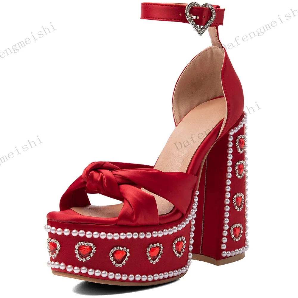 Women Red Satin Platform Sandals Bow Knot Pearl Heart Rhinestone Block Heel Ankle Strap Wedding Party Ladies Footwear Sandals