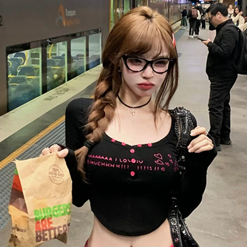 Seeslim Hotsweet Graphic T Shirts Woman Clothes Japan Style Slim Long Sleeve Crop Top 2000s Clothes Y2k Tees Female Clothing