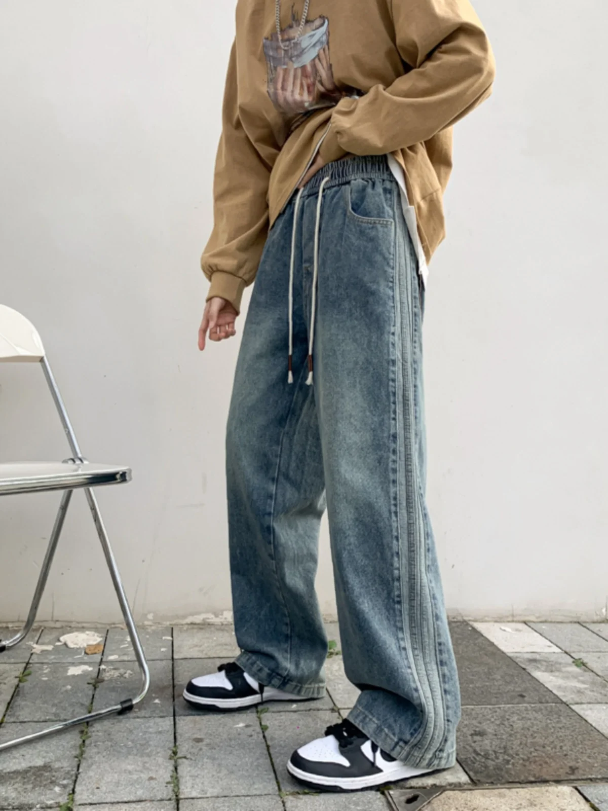 

Модные прямые джинсы со сращенными штанинами, свободные широкие брюки для мальчиков-подростков, повседневные джинсы со средней и низкой талией без стрейч, всесезонные джинсы