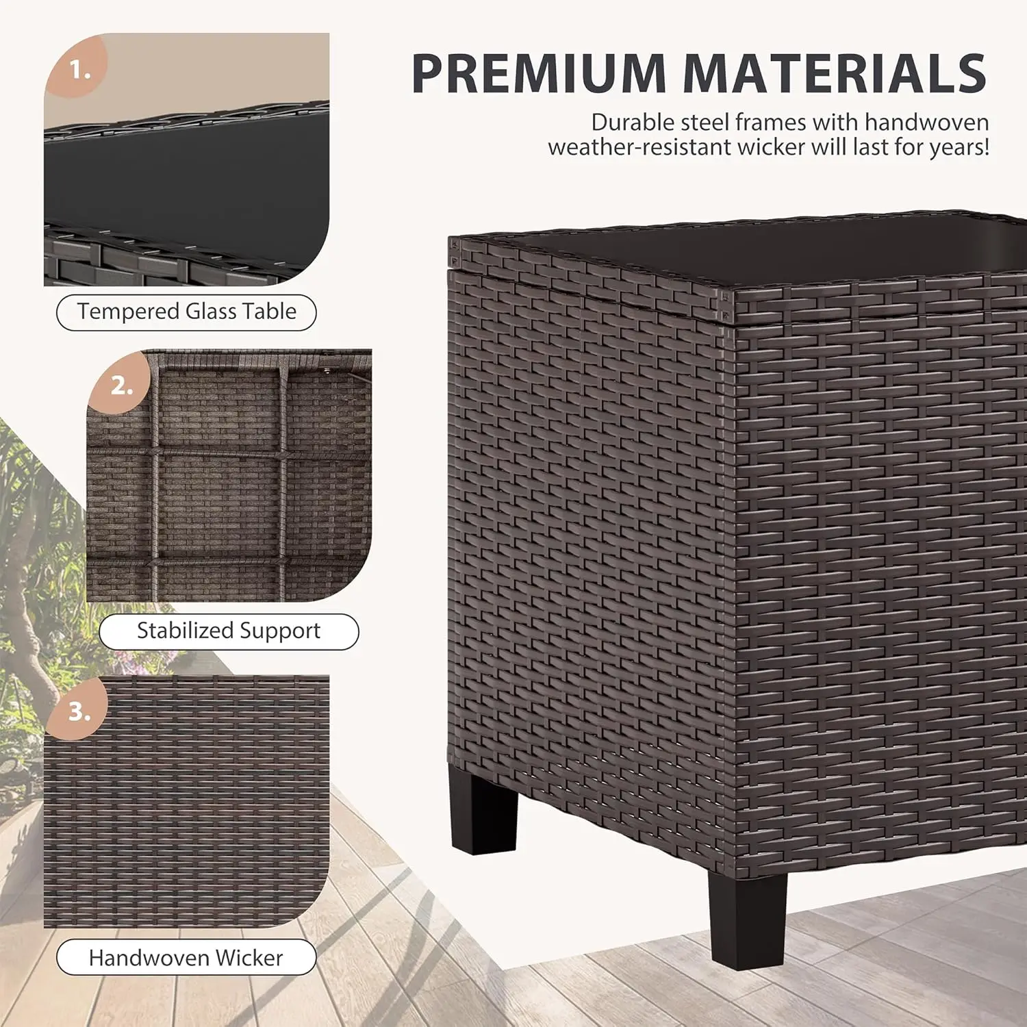 Outdoor Wicker Rattan Mobiliário Pátio Set, Cadeiras almofadadas, Pequeno Conversa Set, varanda frontal, 3 Pcs