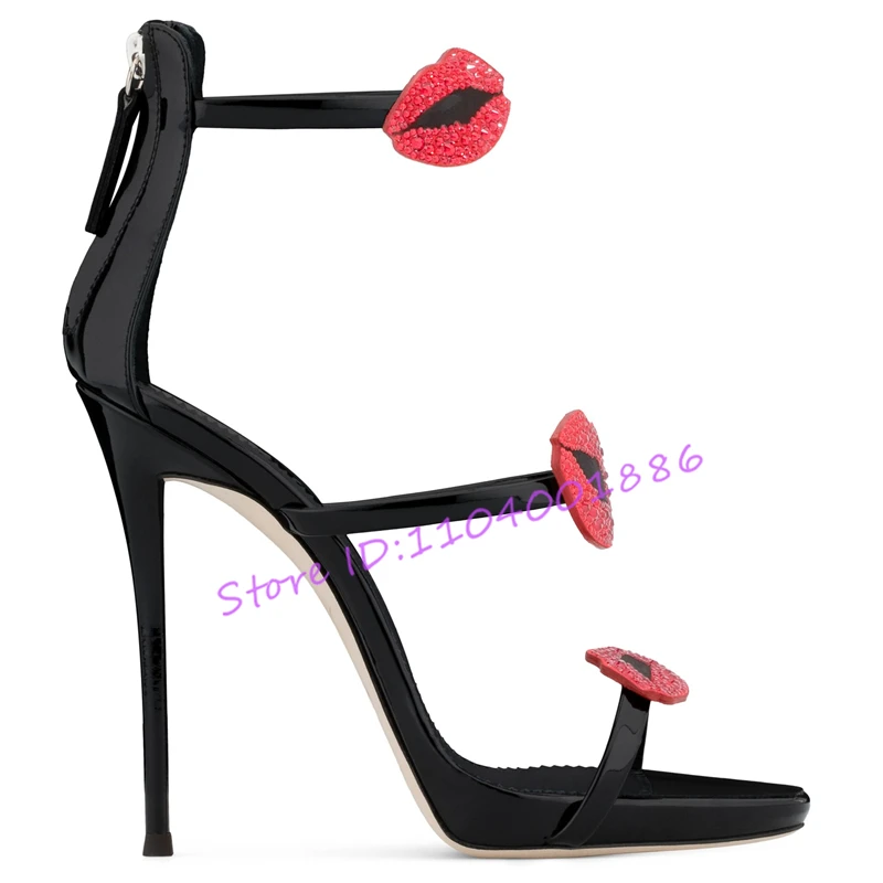Sexy Red Lips Rhinestone Women Sandals Black Patent Leather Strap Platform Open Toe 11Cm High Heels Banquet Party Stiletto Shoes - view 6