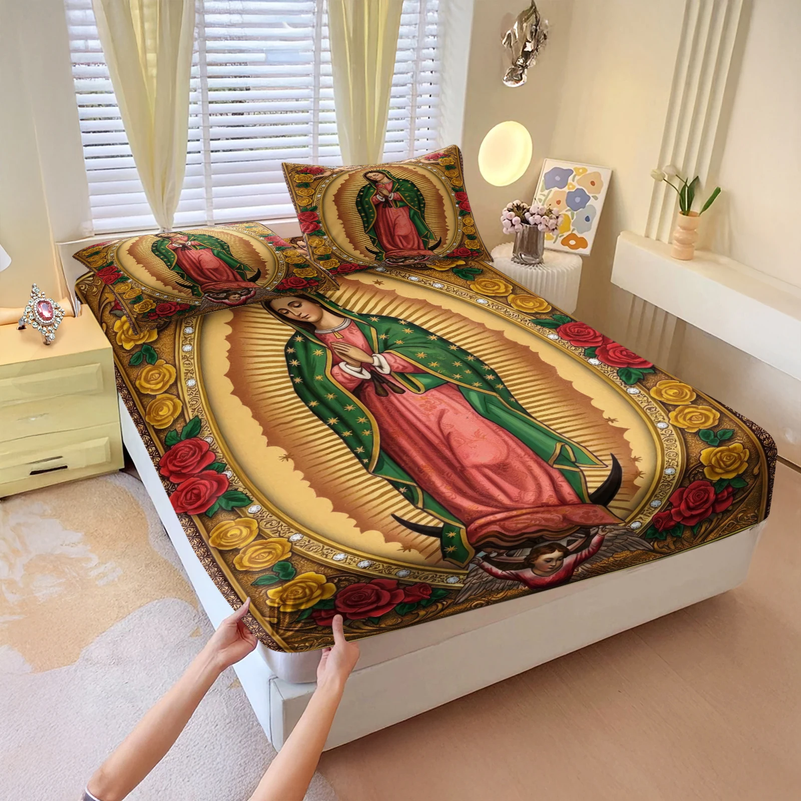 Our Lady of Guadalupe Fitted Sheet Set 3Pcs Vintage Virgin Mary Rose Print Bedding Set Deep Pocket Bed Sheet with 2 Pillowcases