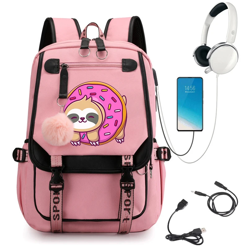 

Donut Sloth Fashion Schoolbag Teenage Waterproof Girls Bagpack Cute Women Laptop Backpack Travel Bag Black Pink Bookbag Unisex