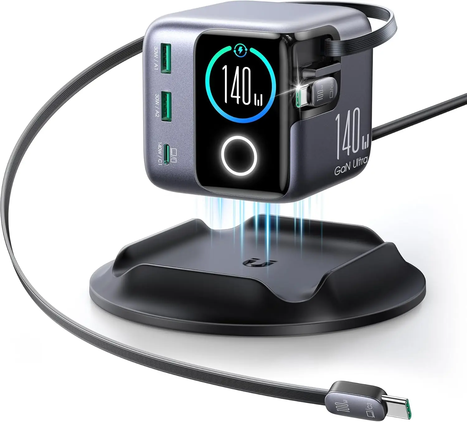 

Зарядная станция USB-C 5-в-1, сверхбыстрое настольное зарядное устройство 140 Вт с двумя выдвижными кабелями и умным ЖК-дисплеем