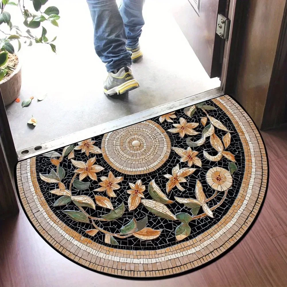 Half Round Doormat Vintage Mosaic Pattern Felt Area Rug Semicircle Entrance Welcome Carpet Non Slip Washable Floor Mat