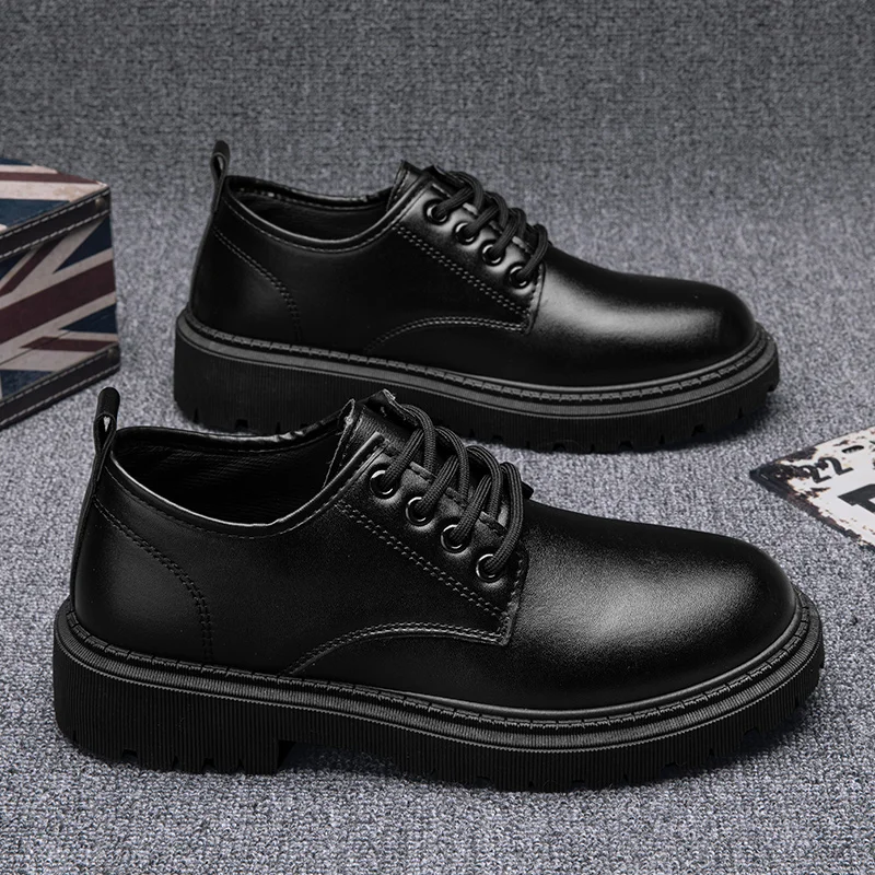 Casual Men's Black Lace-up Height-increasing Business-style Low-heeled Comfortable Durable Small Leather Shoes Zapatos De Hombre