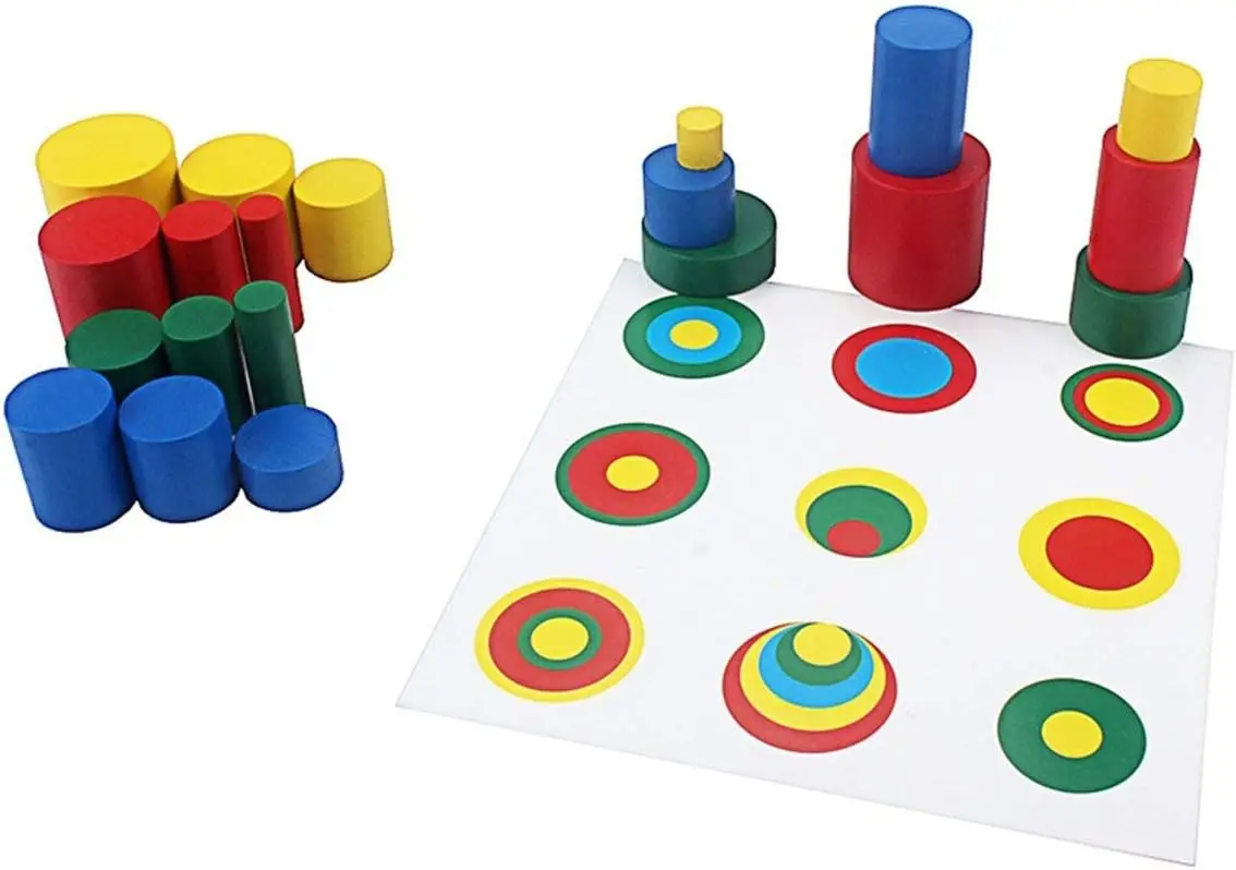 Cylindres colorés Montessori avec cartes de contrôle, blocs en bois sans boutons pour enfants, jouets matériels de reconnaissance de forme et de couleur (Cyl coloré