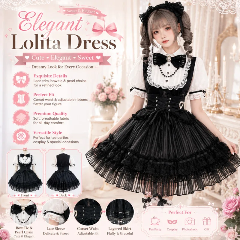 Gothic Lolita Dress Striped Lace, Bow Puff Sleeve High Waist, Kawaii Princess Mini Dress Japanese, Dark Cosplay Party Outfit New