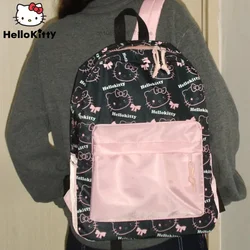 New Sanrio Hello Kitty Print Backpack Women Black Pink Contrast Large Capacity Schoolbag Y2k Korean Fashion Kawaii Bag