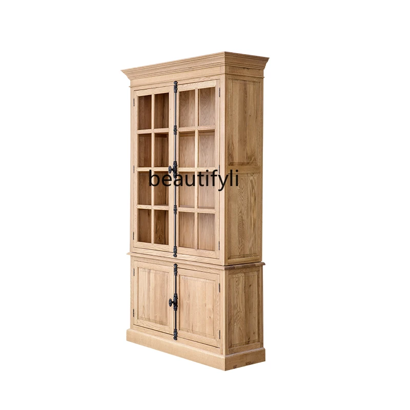 

Solid wood oak American solid wood dining side cabinet Solid wood heaven and earth lock bookcase Glass door bookcase