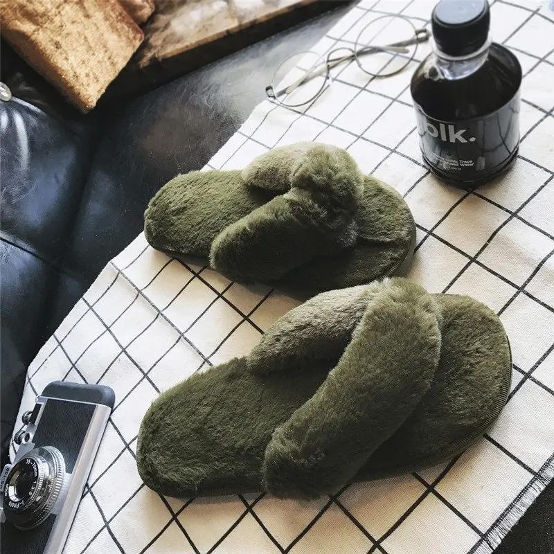 Cross Warm Fluffy Furry Slippers Women Lightweight Flat Heels Fur Slides Woman Autumn Winter Open Toe Non Slip Home Floor Shoes view 5