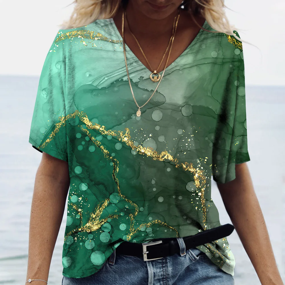 Summer V-Neck Women‘s T-Shirt 3d Marbling Print Tops Tee Fashion Streetwear Daily Y2k Clothes 2024 New Ladies Plus Size T-Shirts