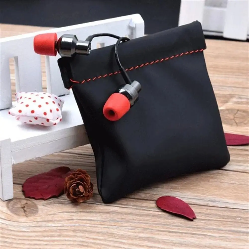 Mini PU Leather Earphone Case Automatic Closing Black USB Cable Organizer Headphone Case Earphone Storage Bag Earbuds Pouch