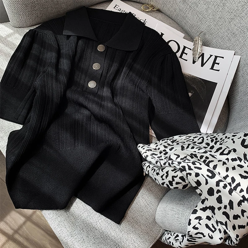 패션 니트 폴로 셔츠 여성 여름 슬리밍 짧은 소매 티셔츠 세련된 얇은 나사 스레드 탑 2025 한국 여성 의류