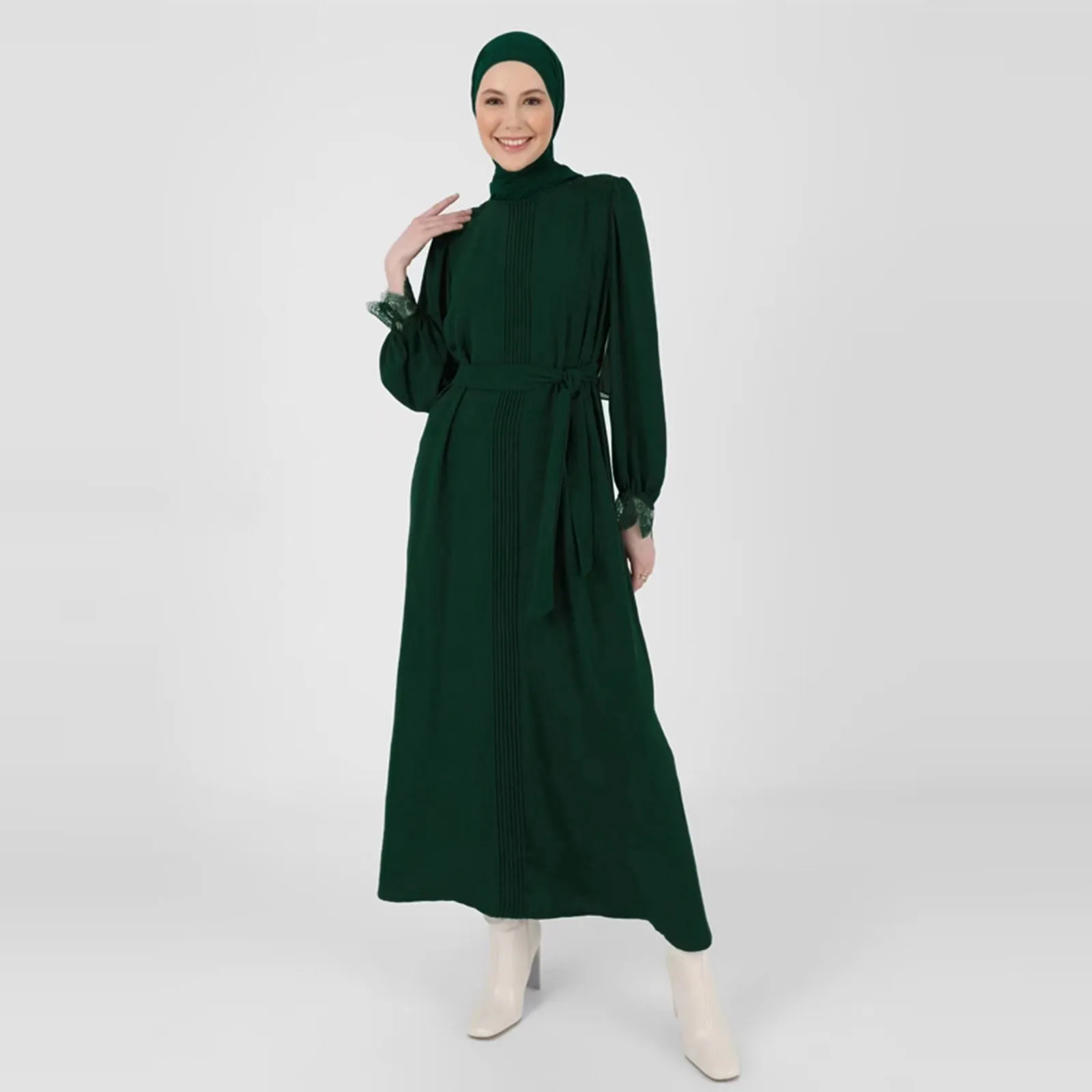 

Women's Solid Color Muslim Dress Elegant Vintage Puff Sleeve Round Neck Maxi Dresses With Belt Pregnancy Sundress For Women