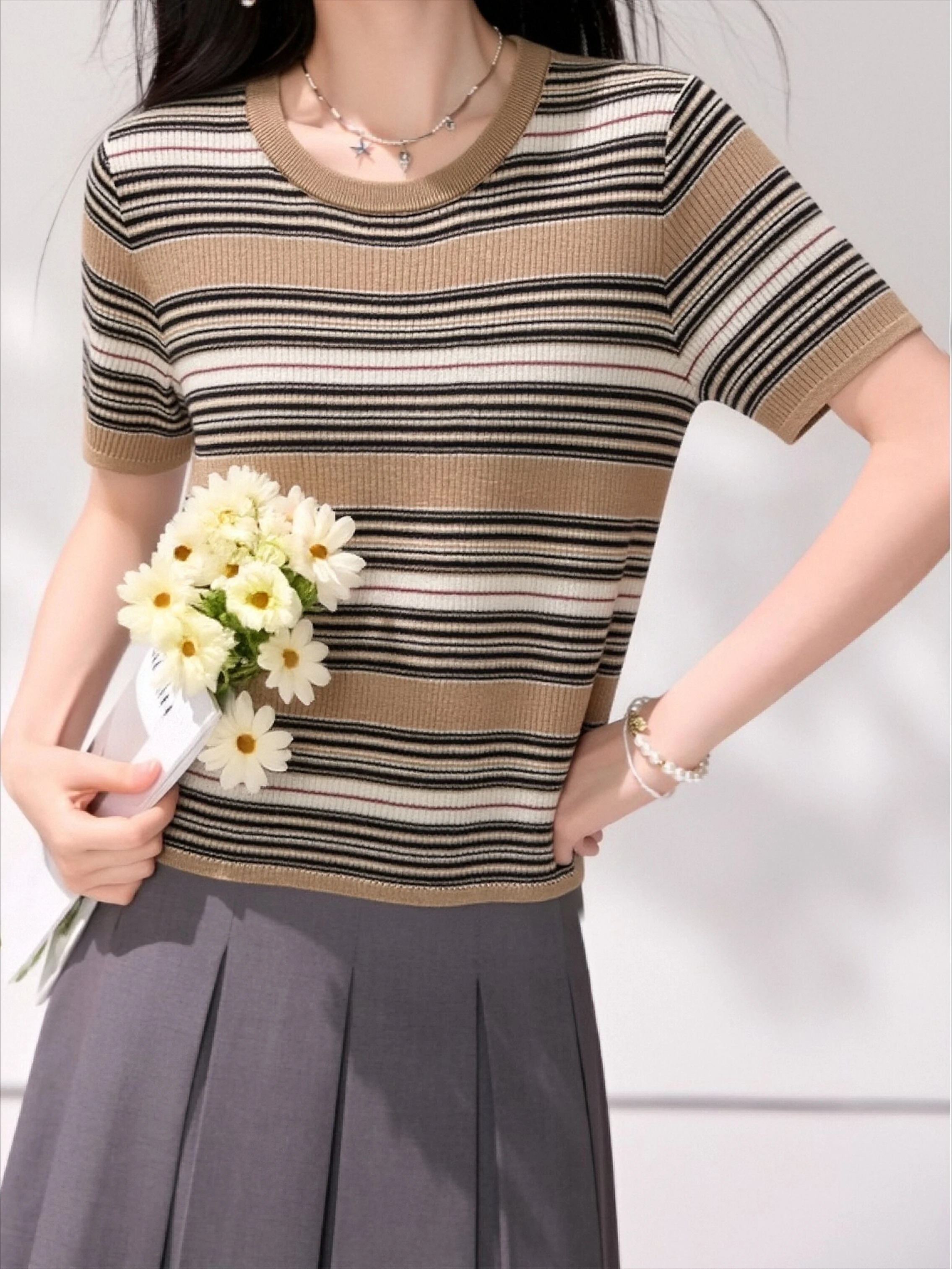 New Summer Fashion Color Block Striped Short Sleeve T-Shirt Women's Stylish Retro Slimming Daily Casual Versatile Commuter Top