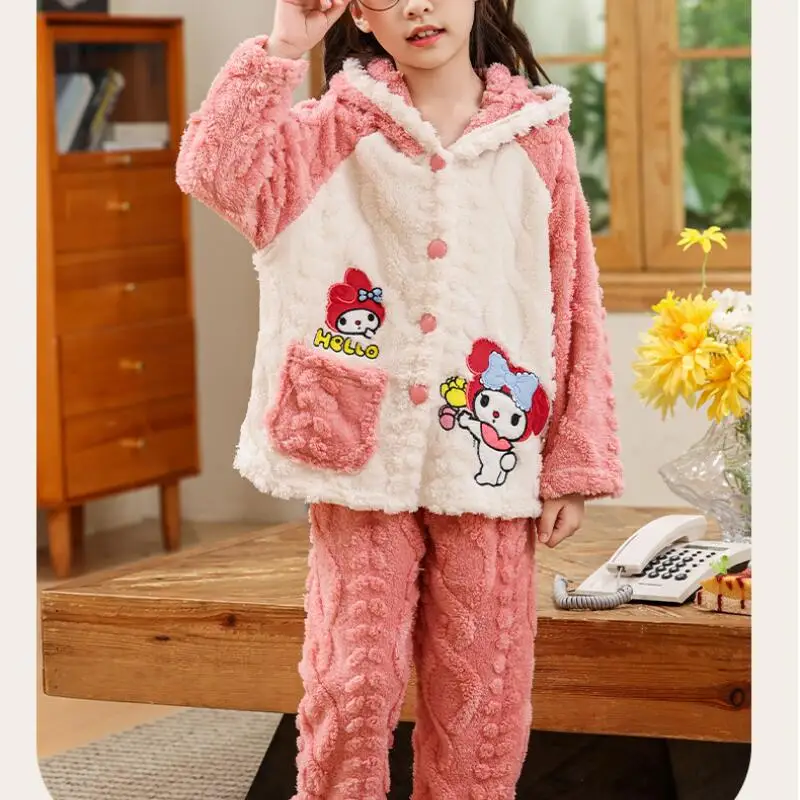 

Горячий пижамный комплект Sanrio для девочек Kuromi Kawaii, аниме, осенне-зимний детский утепленный топ, длинные штаны, детская одежда, новинка