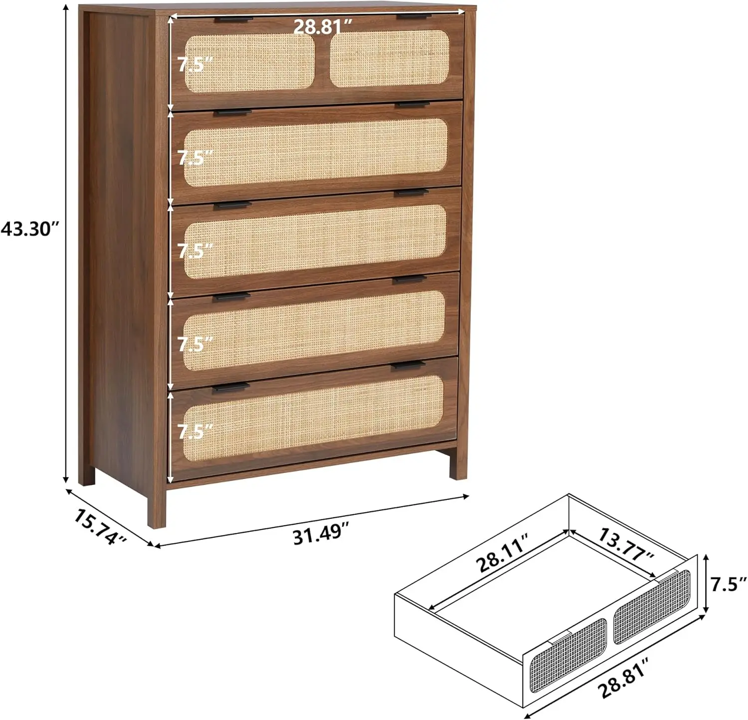 5-Drawer Dresser with Rattan Finish Modern Farmhouse Chest of Drawers with Metal Handles Accent Wood Storage Cabinet Walnut 2Pcs