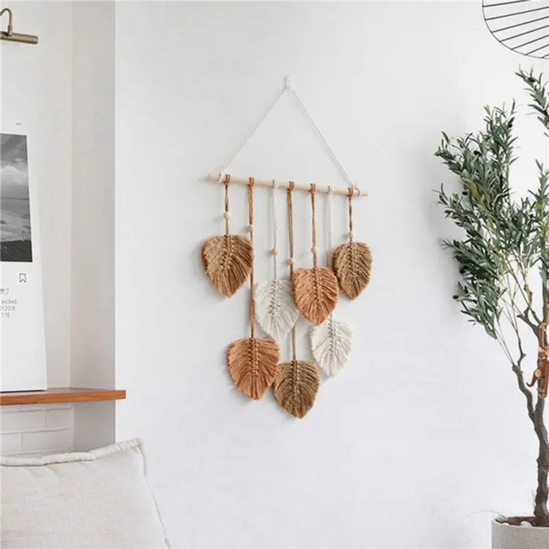 ABFU-4X Leaf Macrame Wall Hanging Boho Room Home Decor Woven Aesthetic Wall Tapestry Home Room Wedding Decoration Khaki