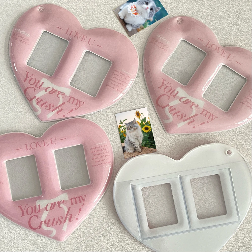 INS Pink Heart Shaped Photocard Holder 1 Inch Photo Frame Double Slot Photo Card Holder Card Sleeve Photo Pocket Bag Pendant