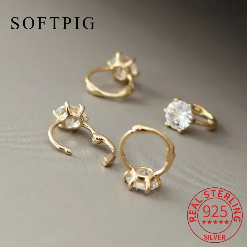 

SOFTPIG Real 925 Sterling Silver Six Claw Inlaid Zircon Mini 14K Gold Hoop Earrings for Charms Women Geometric Fine Jewelry